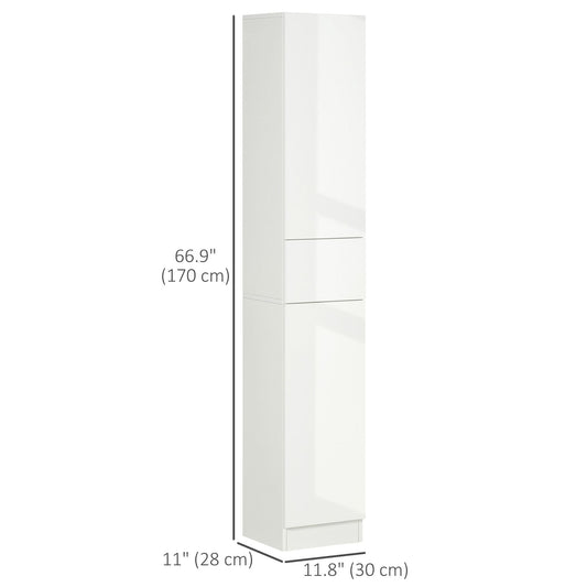 Tall Bathroom Cabinet, Narrow Bathroom Storage Cabinet with Doors, Drawer and Adjustable Shelves, High Gloss White