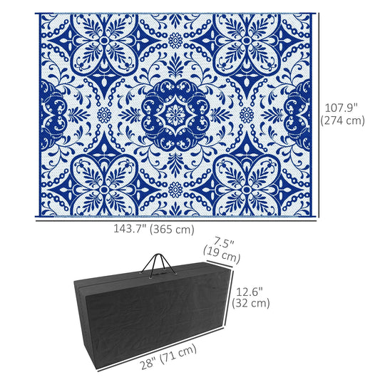 Portable Outdoor Rug with Carry Bag, 9' x 12' Reversible Mat, Waterproof Plastic Straw RV Rug for Backyard, Deck, Picnic, Beach, Camping, Blue & White Flower