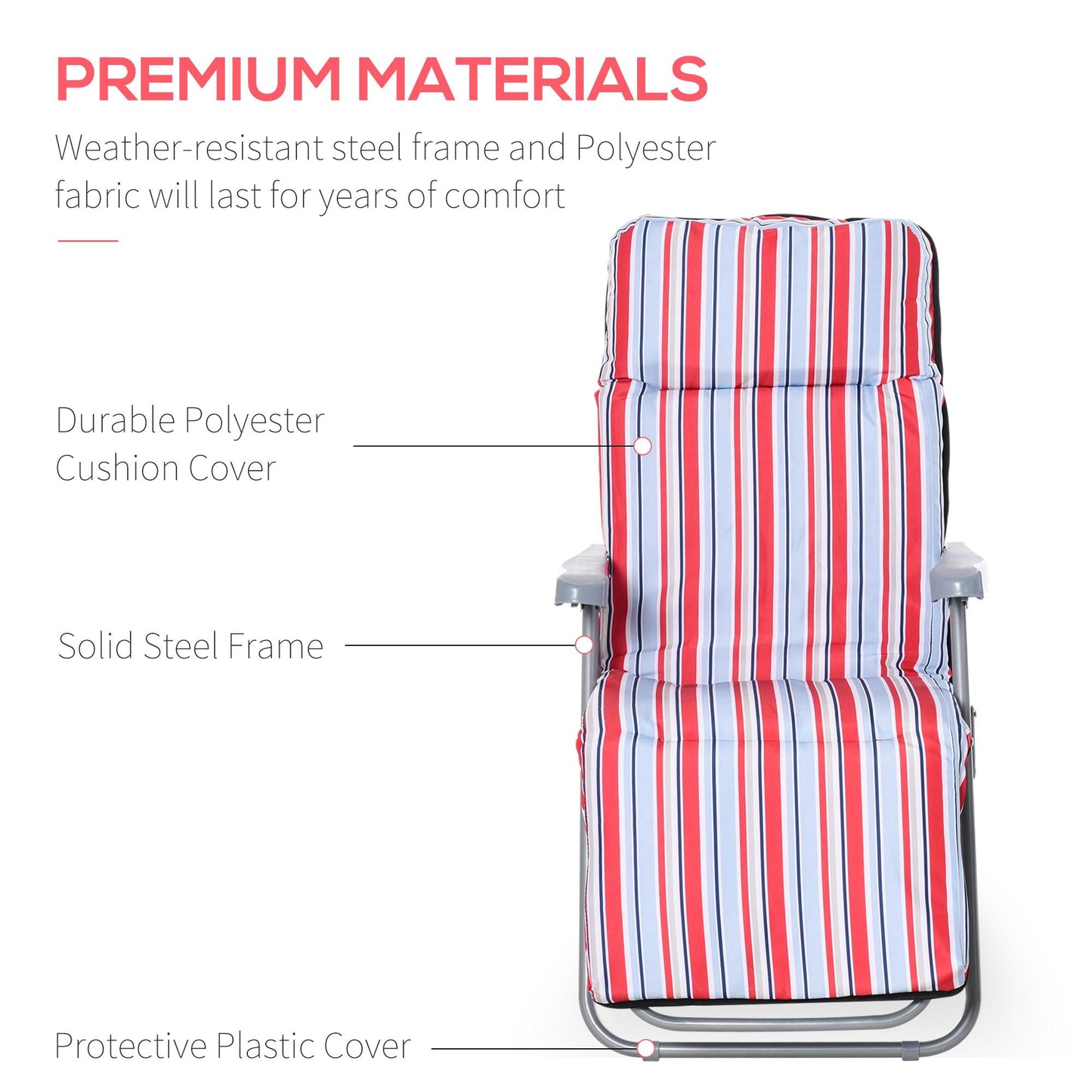 Set of 2 Garden Sun Lounger, Outdoor Reclining Seat Cushioned Seat, Foldable Adjustable Recliner, Grey and Red