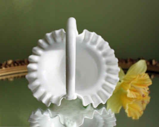 Fenton Crystal Basket. Milk Glass Hobnail Pattern Basket with Ruffled Rim. Colectible Home or Wedding Milk Glass.