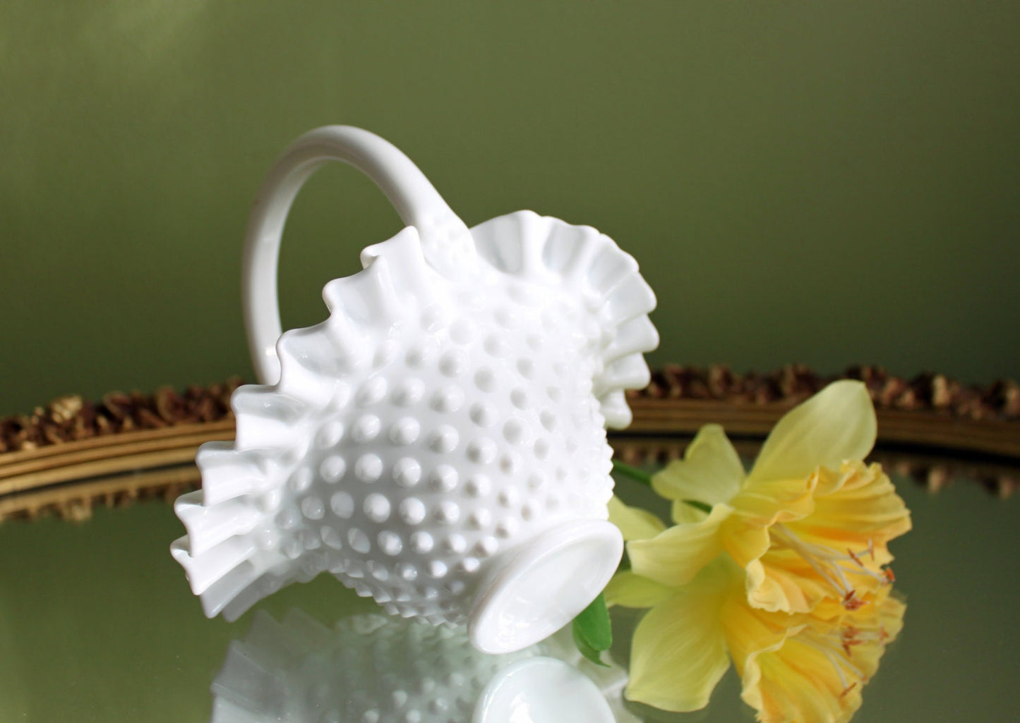 Fenton Crystal Basket. Milk Glass Hobnail Pattern Basket with Ruffled Rim. Colectible Home or Wedding Milk Glass.