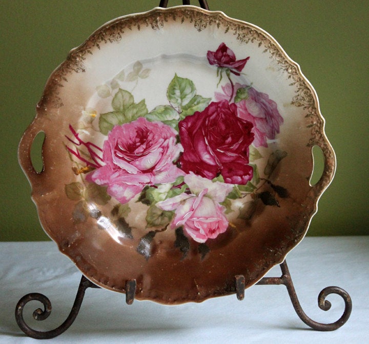 Antique Porcelain Plate with Handles - Hand Painted Roses