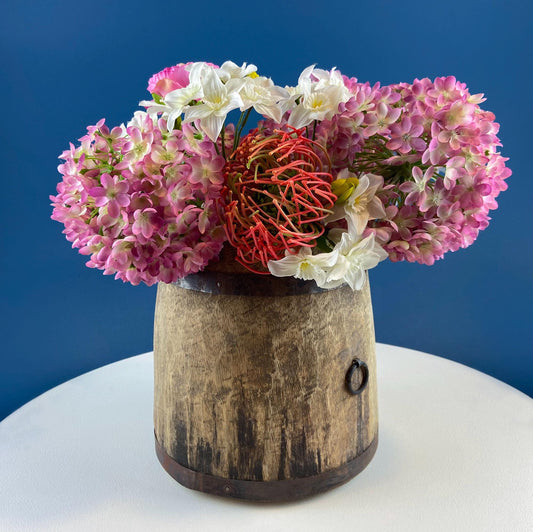 Antique Hand Carved Wood Pail: Rustic Farmhouse Dry Flower Display