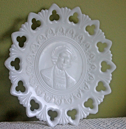 Milk Glass Display Plate with Lacy Rim - Embossed Columbus