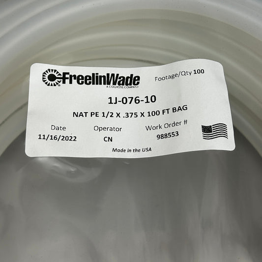FREELIN-WADE Natural Polyethylene Tubing 100 ft 1J-076-10 (New)