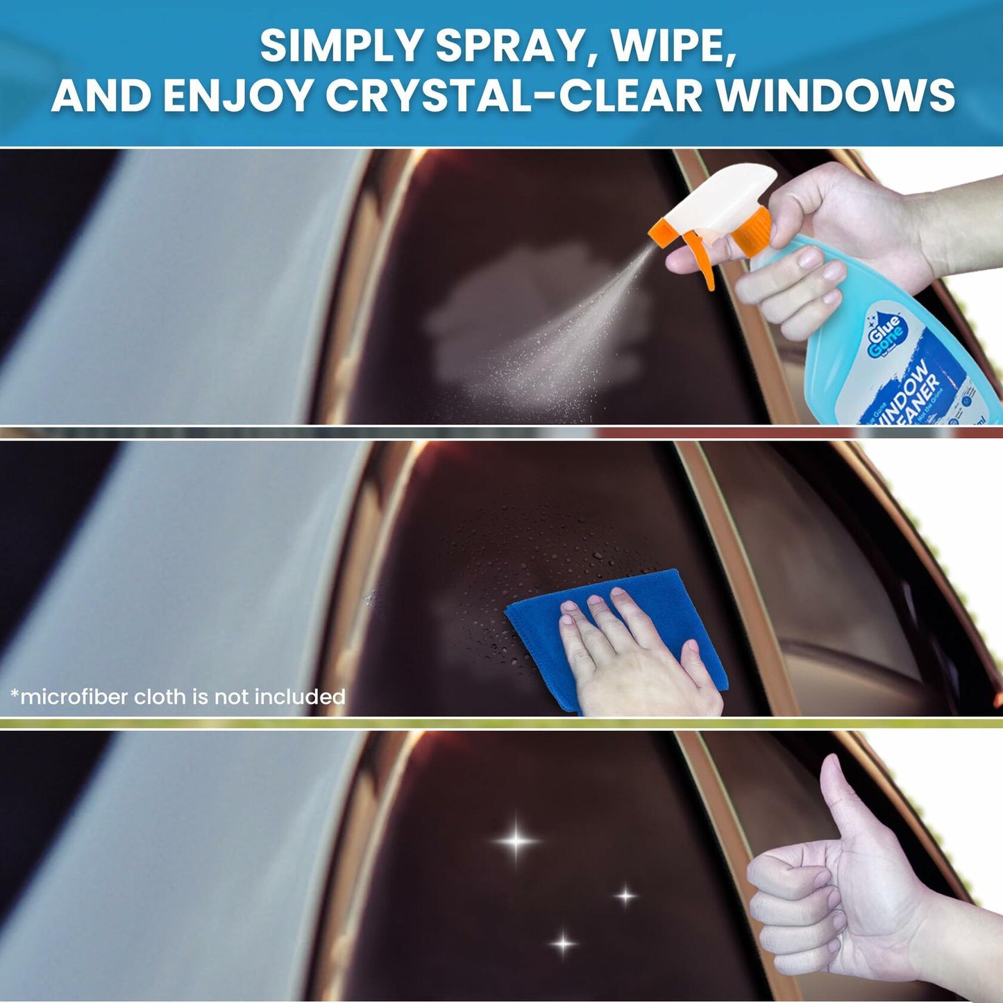 Glue Gone Car Window Cleaner Spray 500ml Streak-Free Shine Safe on Tints