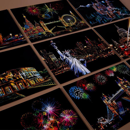 MIASTAR Scratch Art Paper Rainbow Night View Building Series 7.9x5.5 12 Sheets