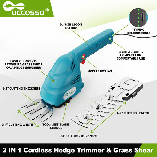 UCCOSSO Cordless Hedge Trimmer 2-in-1 Grass Shear 1.5Ah Battery Blue