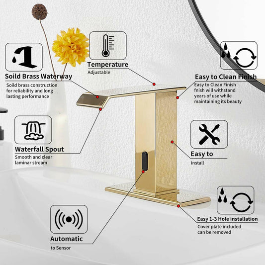 YBlucklly Automatic Sensor Touchless Gold Bathroom Sink Faucet DC Powered