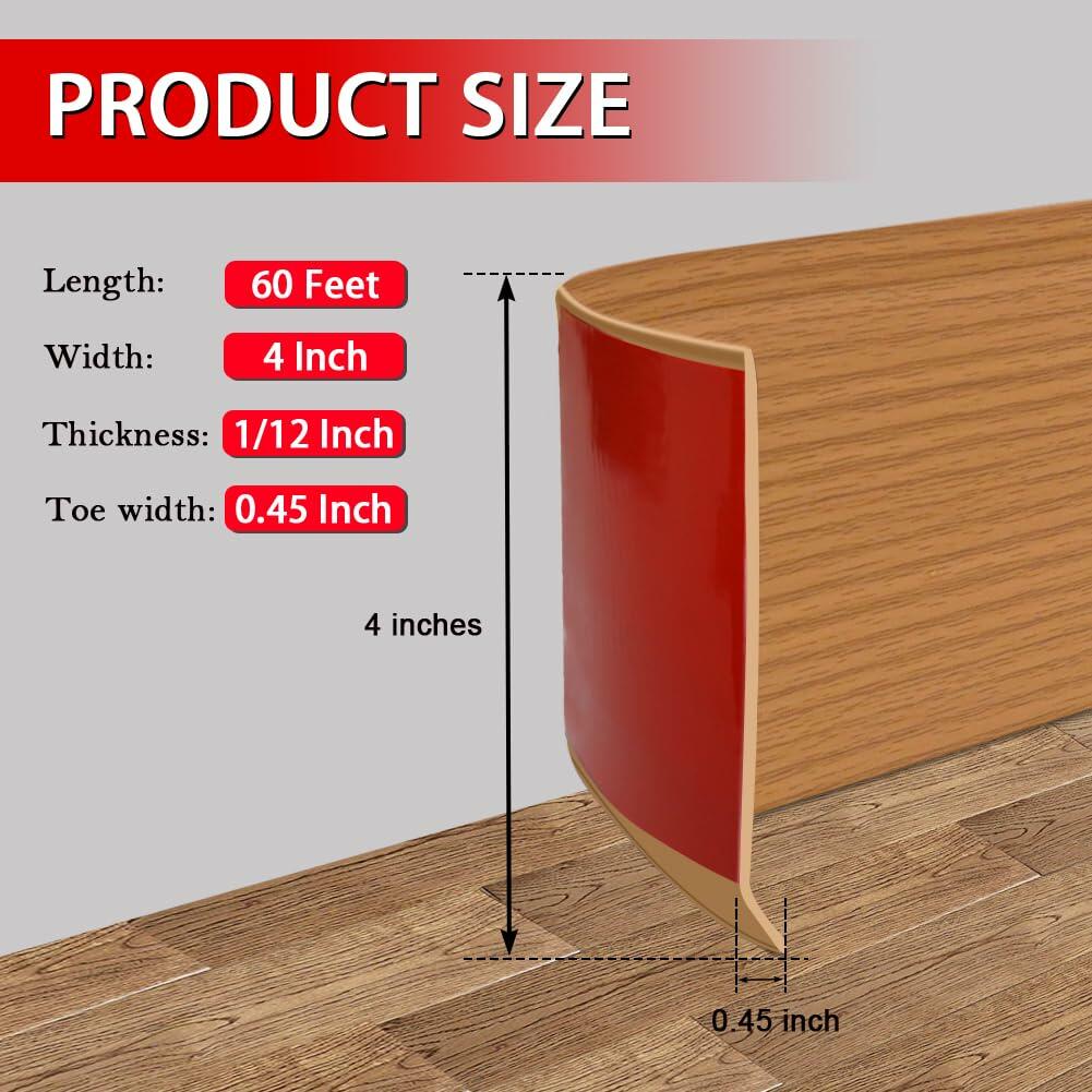 FONUNO 4” x 60ft Vinyl Wall Baseboard Trim Flexible Self-Adhesive Black Walnut