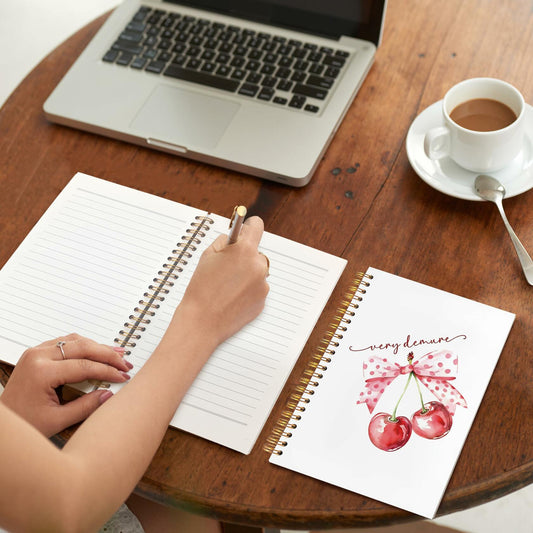 VIIJJUE Coquette Pink Bow Cherry Hardcover Spiral Notebook 5.5x8.3 Inch