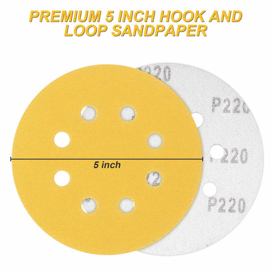 VFINE 5” 220 Grit Sandpaper 100PCS Hook & Loop Orbital Sanding Discs Wood