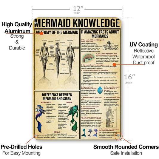 NEGLAI Mermaid Knowledge Metal Sign Poster Vintage Wall Art 16x12 Inches