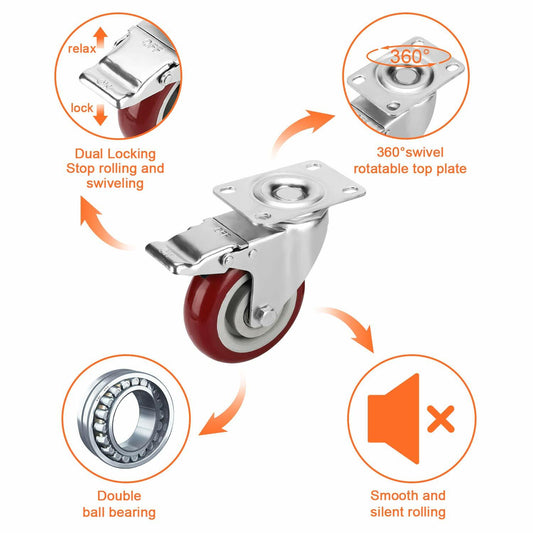 PRITEK 4in Swivel Caster Wheels Heavy Duty 1200lbs Brake 4 Pack
