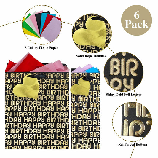 suosicn 8 Pack Black Embossed Metallic Polka Dot Paper Gift Bags with Handles