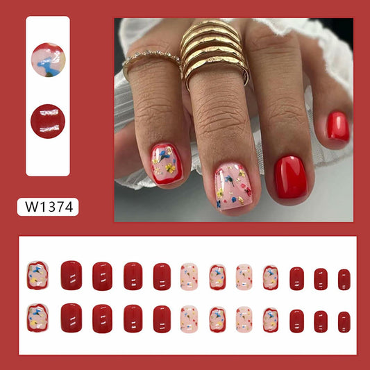 LYLYNB 24pcs Wine Red Floral Square False Nails Glossy Full Cover Set