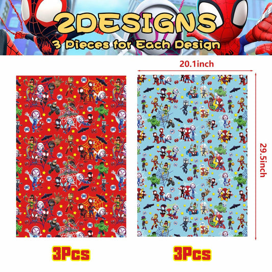 ZEZGERS 6PCS Spidey Wrapping Paper Red Blue Birthday Party Gift Wrap