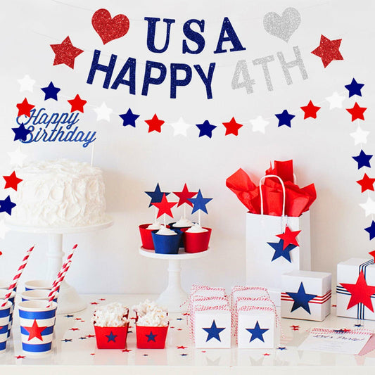 Aulaned 4th of July Decorations Patriotic USA Banner Star Garland Set