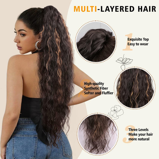 30” Ponytail Extension Soft Wavy Claw Clip Synthetic Dark Brown Honey Blonde
