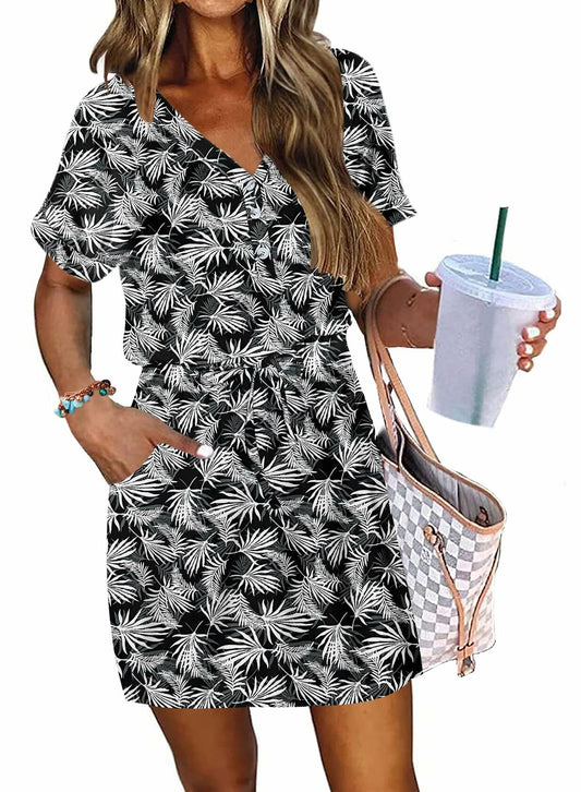 AUSELILY Women V Neck Summer Swing Dress Short Sleeve Pockets Leaf 2XL