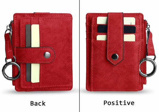 AOXONEL RFID Leather Keychain Wallet Credit Card Holder Coin Purse Red