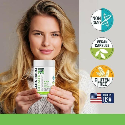GREEN ROYALTY Magnesium Citrate 1000mg 60 Vegan Capsules Gluten Free USA