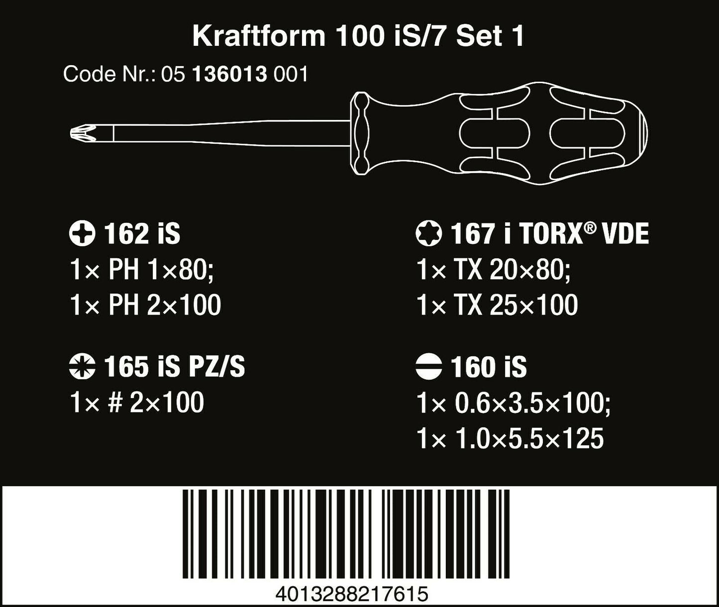 Wera 100 iS/7 VDE Set 1 Kraftform Insulated Screwdriver Set 7 Piece 05136013001
