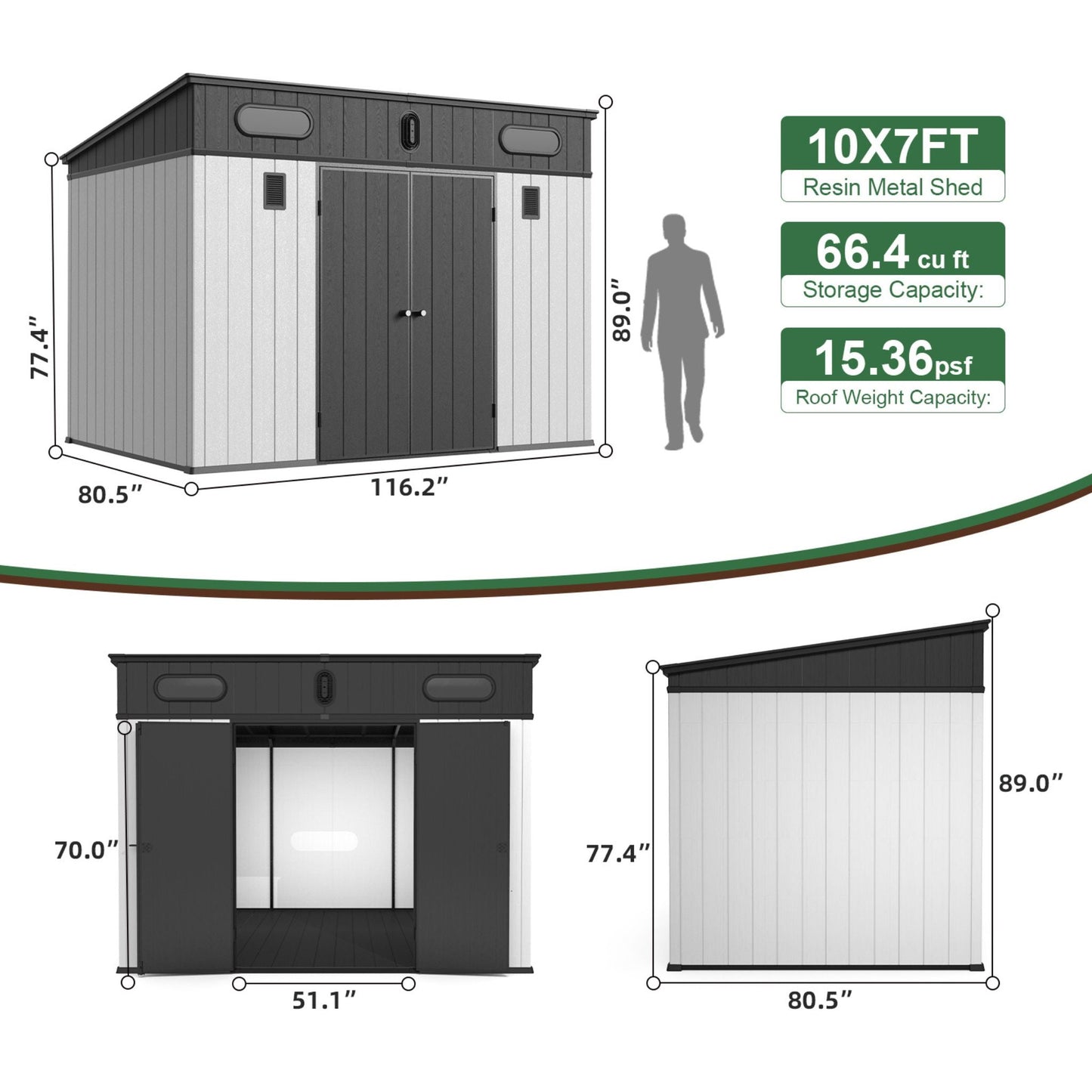[07X10FT] Alora Heavy-Duty Weather-Resistant Polypropylene Storage Shed With Floor And Reinforced Steel Frame (SAK67455)