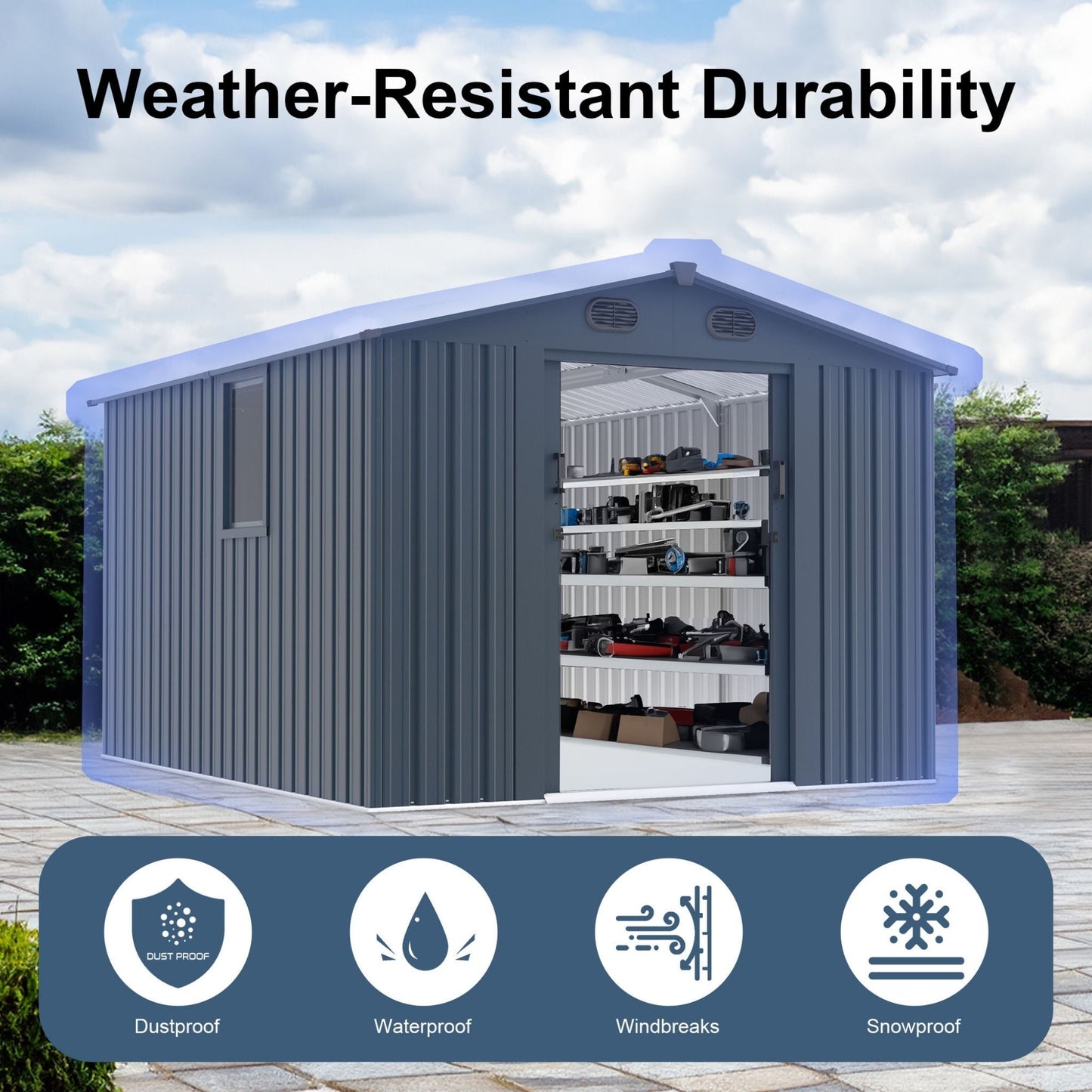 [08X10FT] Large Outdoor Metal Backyard Garden Storage Tool Shed With Window And Lockable Doors (SAK68140)