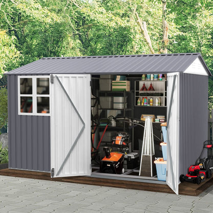 [08X10FT] Alora Outdoor Garden Tool Shed With Thickened Galvanized Steel, Sloped Roof, Vents And Double Lockable Doors (SAK66582)