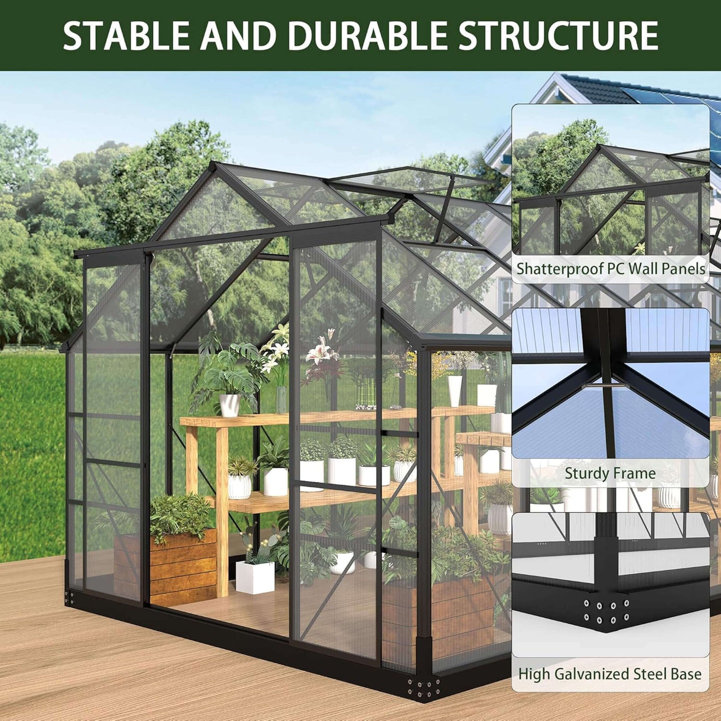 [08X16FT] Premium Outdoor Walk-In Polycarbonate Greenhouse With Roof Vents & Sliding Doors, 4MM (SAK72649)