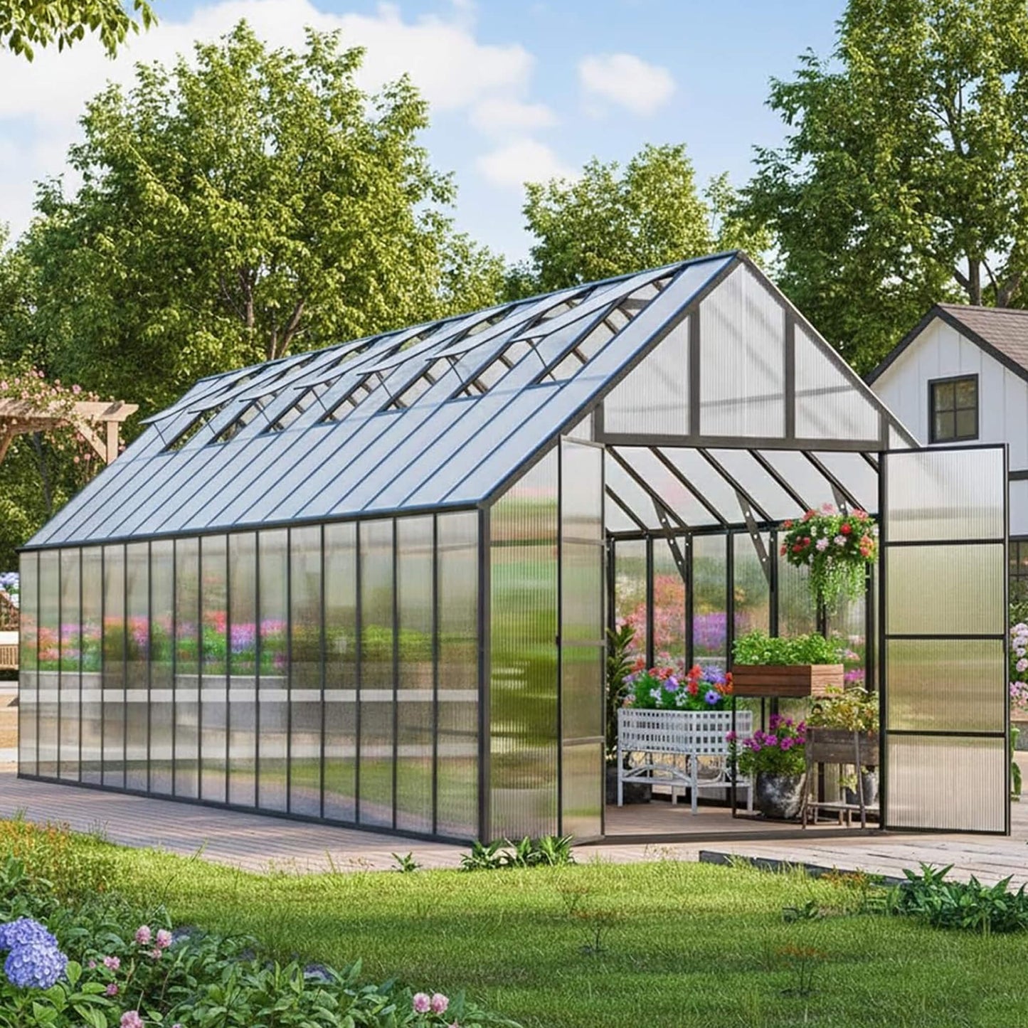 [10X32FT] Heavy-Duty Outdoor Aluminum Polycarbonate Greenhouse With Roof Vents And Swing Doors, 4MM (SAK10483)