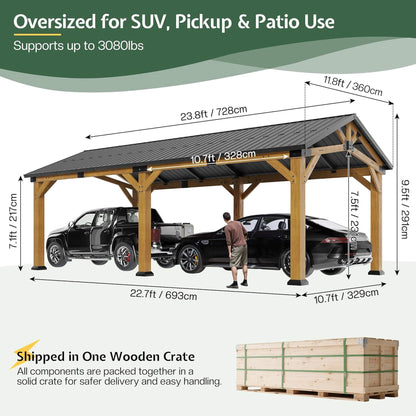 [12X24FT] Alora Large Heavy-Duty Outdoor Cedar Wood Hardtop Carport With Galvanized Steel Roof (SAK48392)