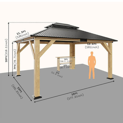 [13X15FT] Alora Premium Outdoor All-Season Wooden Cedar Hardtop Gazebo Carport With Double Iron Roof (SAK35187)