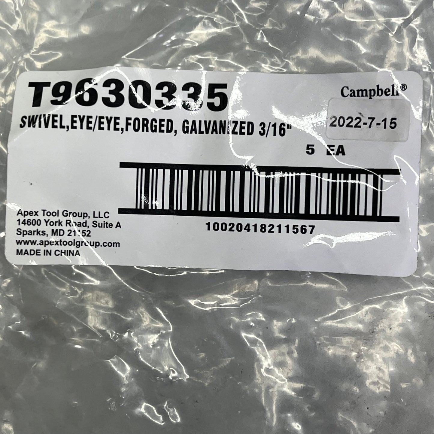 CAMPBELL (5 PACK) Galvanized Swivel Eye/Eye Forged 3/16" Chrome T9630335