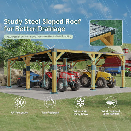 [20X20FT] Alora Heavy-Duty All-Weather Outdoor Cedar Wood Carport With Galvanized Steel Roof (SAK76145)