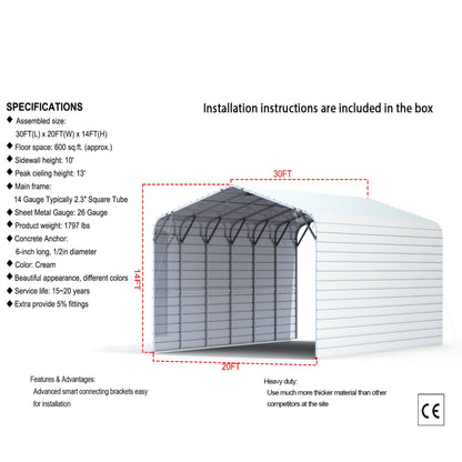 [20X30FT] Heavy-Duty Outdoor Galvanized Steel Carport (SAK21596)