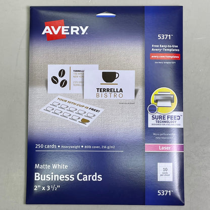 AVERY (5-PACK) 250 Business Cards Matte White Sure Feed Printable 2"x3-1/2" 5371