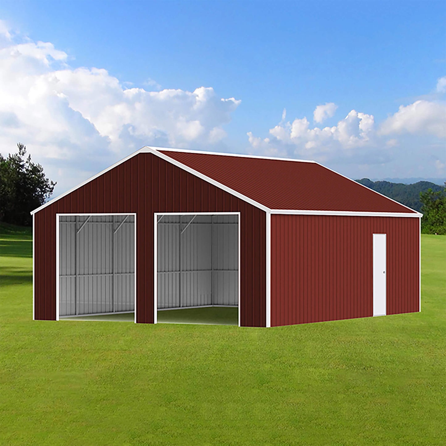 [22X23FT] Heavy-Duty Red-Brown Double Garage Steel Barn Storage Shed (SAK83456)