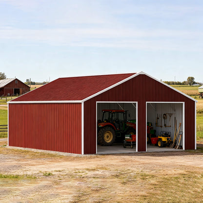 [22X23FT] Heavy-Duty Red-Brown Double Garage Steel Barn Storage Shed (SAK83456)