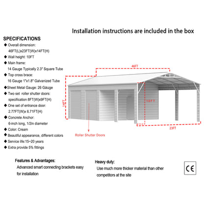 [23X46FT] Heavy-Duty Steel Garage Storage Shed With Reinforced Roof And 2 Doors (SAK29384)
