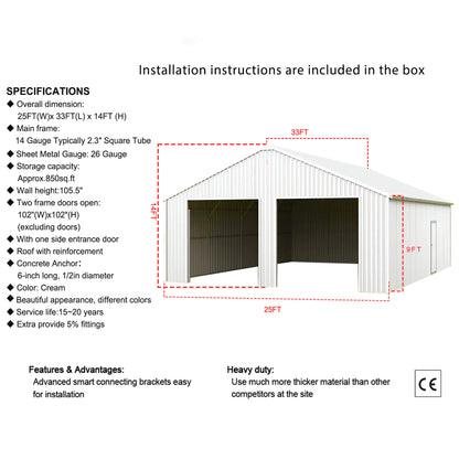 [25X33FT] Heavy-Duty Double Garage Galvanized Steel Barn Shed (SAK61234)