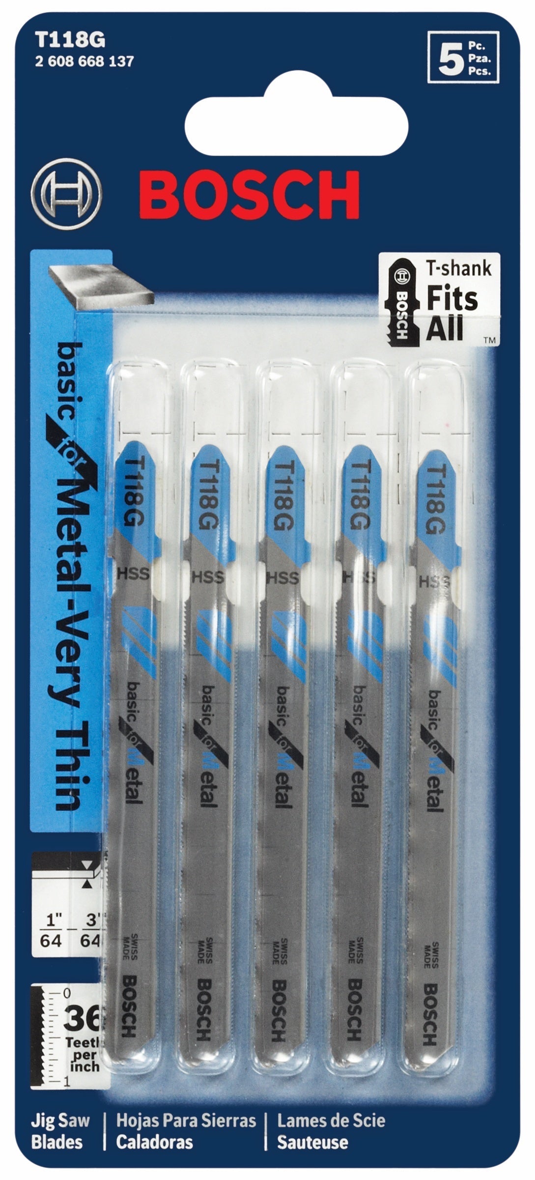 BOSCH T118G 5 pc. 3-5/8 In. 36 TPI Basic for Metal T-Shank Jig Saw Blades