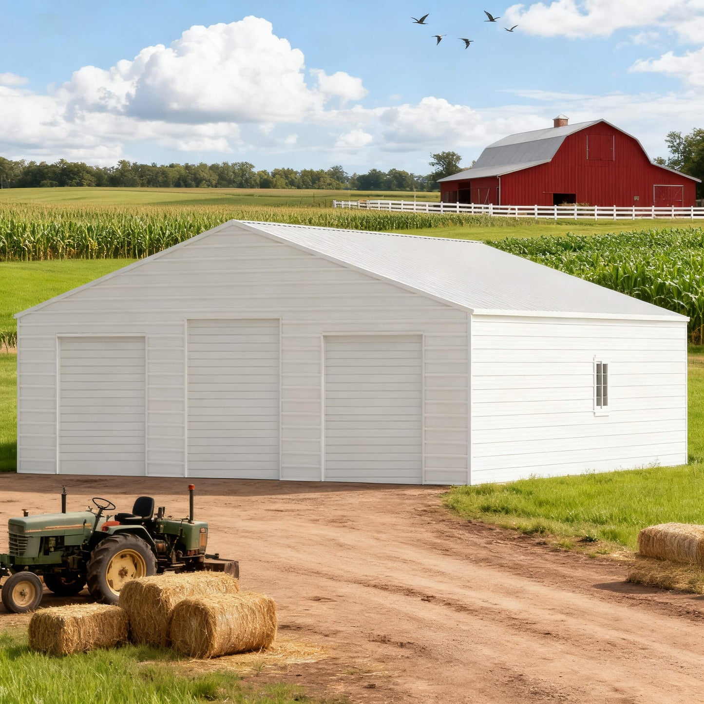 [39X39FT] Extra-Large Heavy-Duty Galvanized Steel Barn Building Shed With 3 Rolling Door Garages (SAK10234)