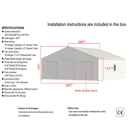 [39X39FT] Extra-Large Heavy-Duty Galvanized Steel Barn Building Shed With 3 Rolling Door Garages (SAK10234)