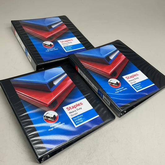 STAPLES (3 Pack) Heavy Duty 3-Ring Binder W/ 4 Pockets 11"x10.5"x1" Black ST56231B