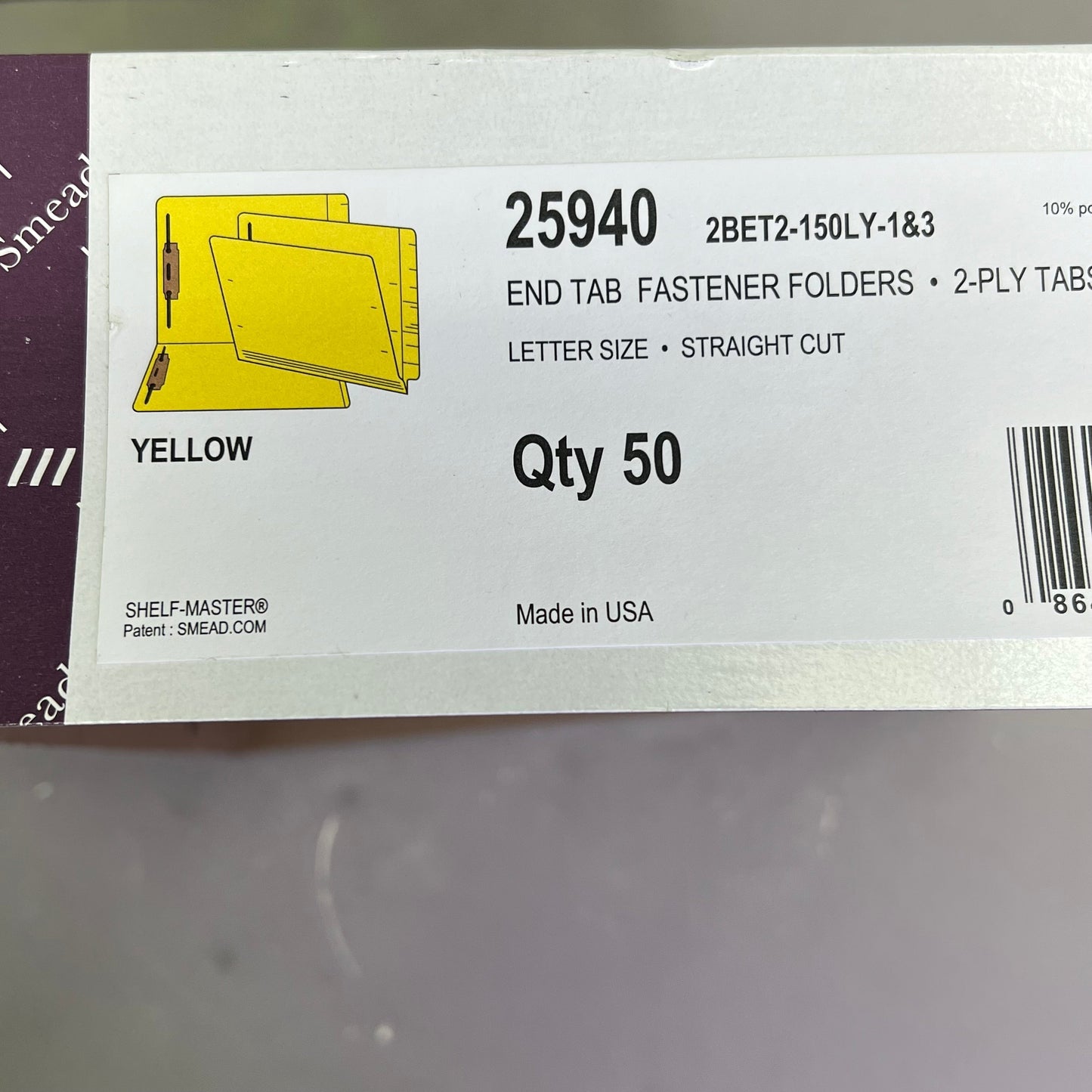 SMEAD (50 PACK) End-Tab Folders w/ Fasteners Straight Cut Letter Sz Yellow 25940