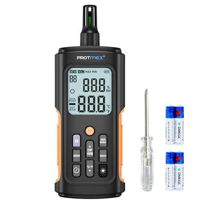 YT606 Temperature Humidity Meter High Precision Digital Hygrometer with Ambient, Relative Humidity, Dew Point, Wet Bulb Thermometer for Indoor Outdoor, Digital Thermometer Min/Max Hold, LCD Backlight