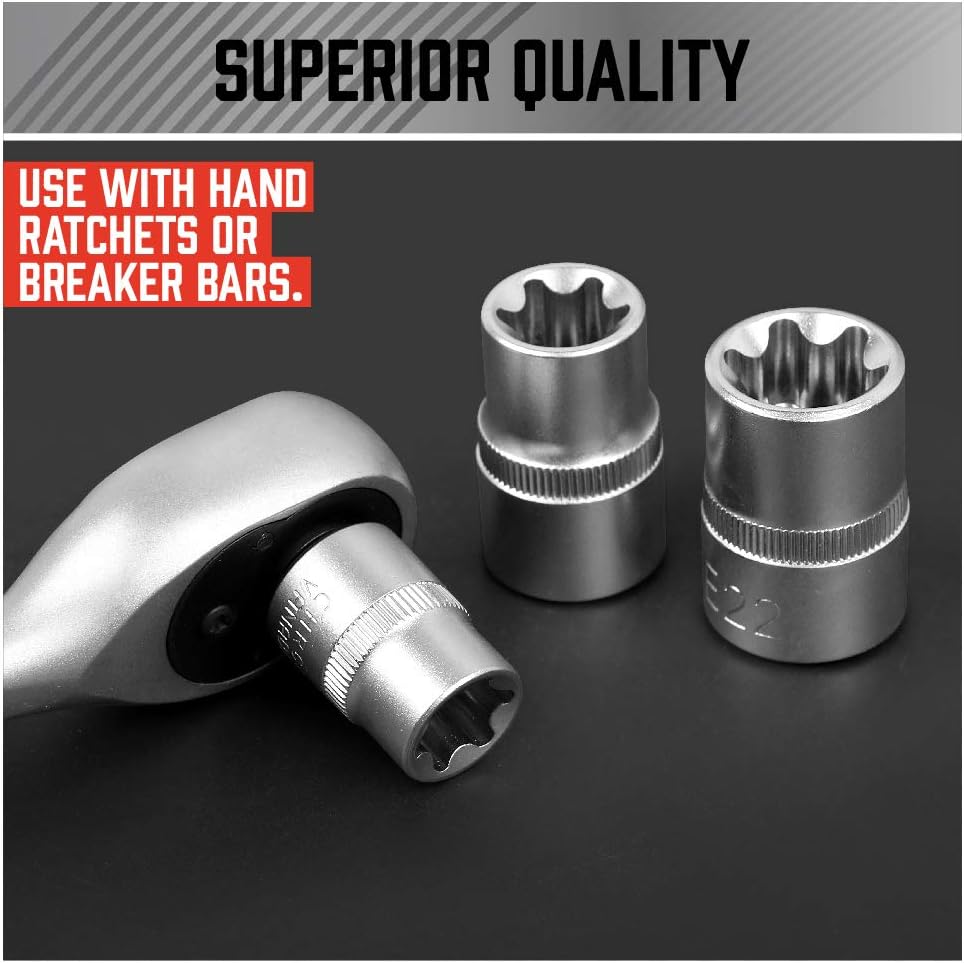 SEDY 14-Piece E-TORX Socket Set - Premium Female Torx Socket Set, Ultimate Torque Star Sockets, External Torx Sockets, E4 E5 E6 E7 E8 E10 E11 E12 E14 E16 E18 E20 E22 E24