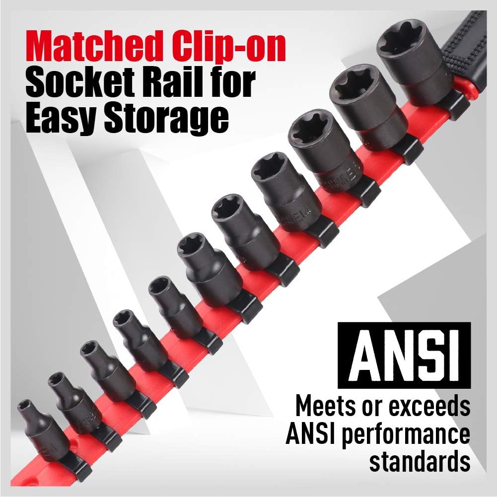 SEDY 11-Piece E-Torx Socket Set - Star Sockets Set with Socket Rail, External Torx Socket with Organizer, External Socket-Set, E4 E5 E6 E7 E8 E10 E12 E14 E16 E18 E20 Reverse Sockets Set